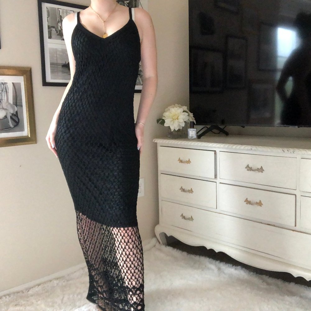 Maxi Black Dress Knit Crochet
